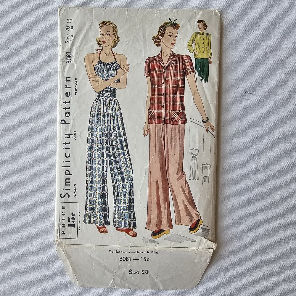 1930s Vintage B38" Simplicty 3081 Sunback Halter Jumpsuit Jumper Sewing Pattern